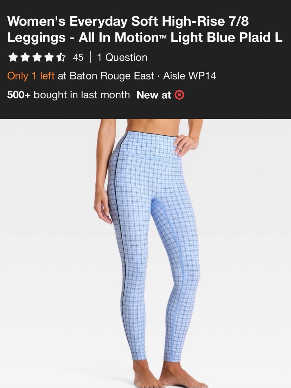 all in motion Light Blue Plaid High-Rise 7/8 Leggings NWT size L
